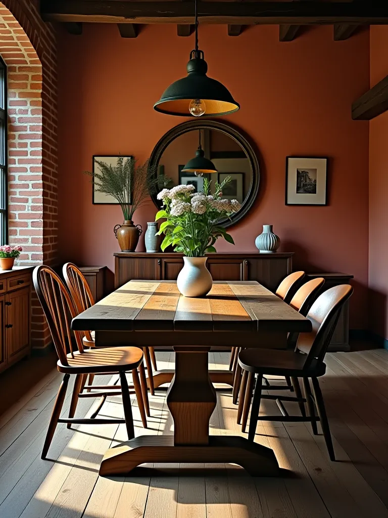 Eclectic dining room with brick walls and mixed furniture