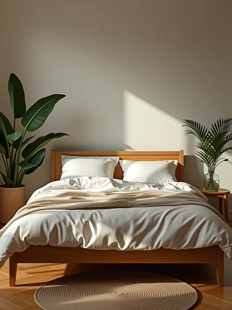 Eco friendly bedroom with natural materials and plants