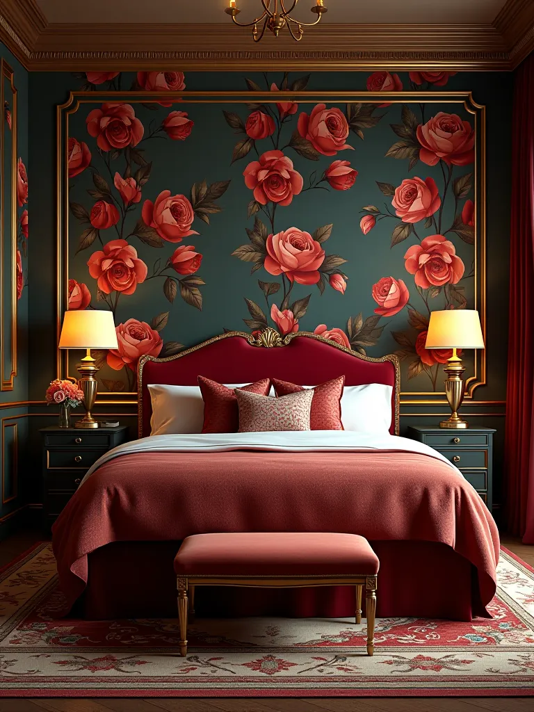 Elegant bedroom with jewel toned floral wallpaper
