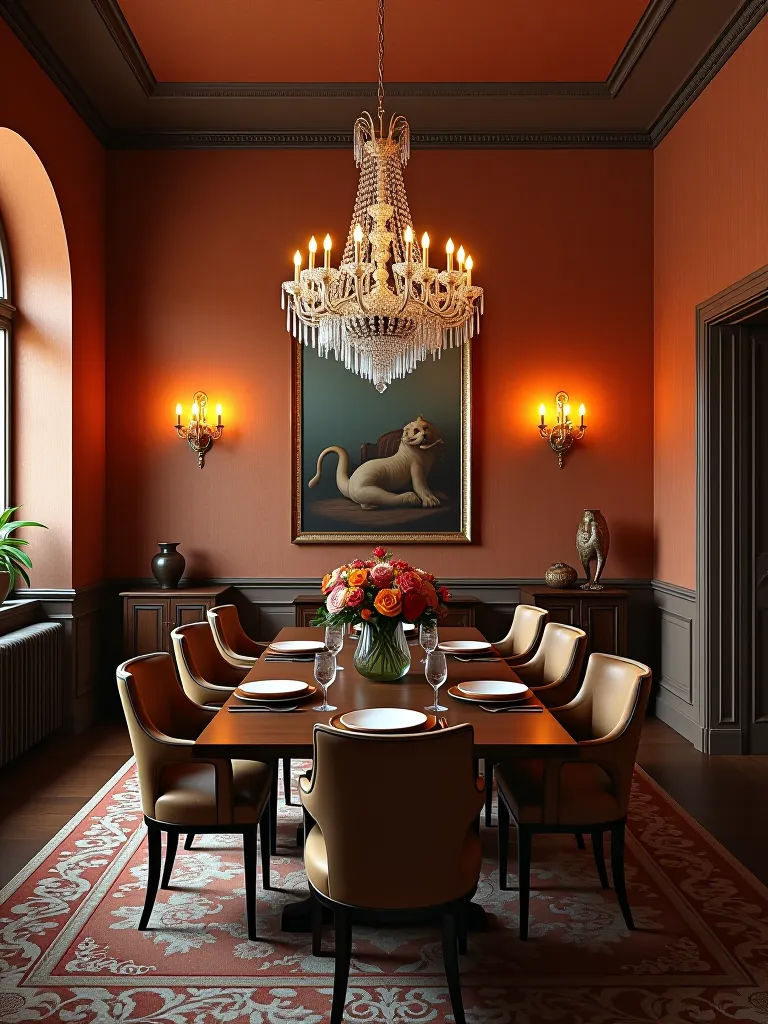 Elegant dining area with textured terracotta walls and wooden table