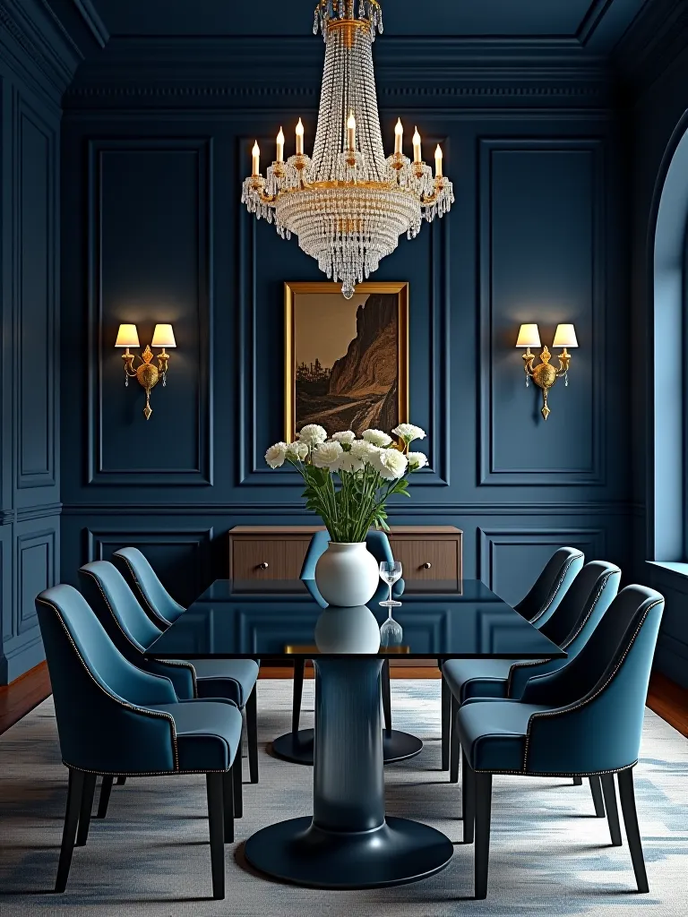 Elegant navy blue dining room with glass table