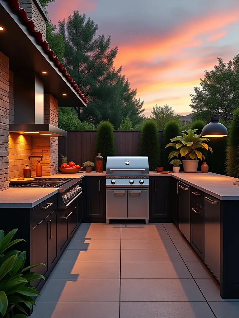 Elegant outdoor kitchen with stainless steel appliances at sunset