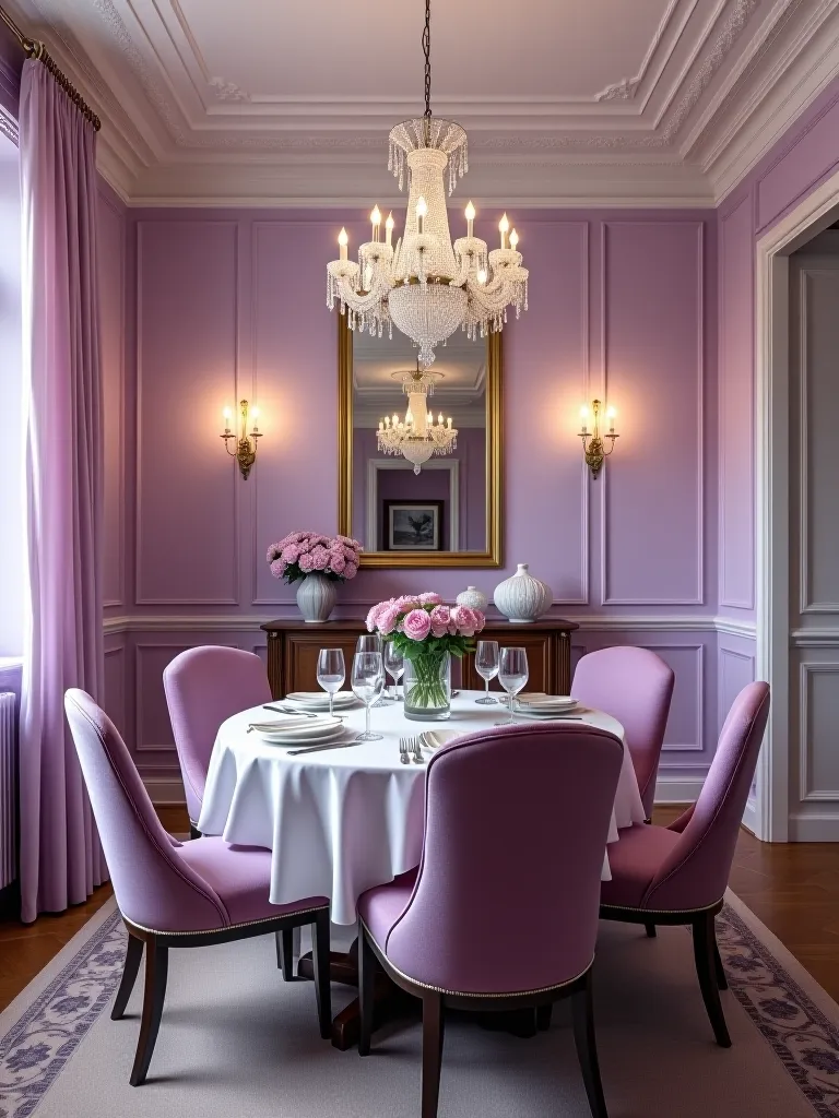 Elegant small dining room with purple walls and mirrored wall