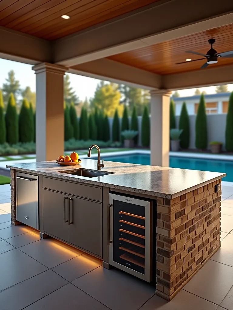 Expansive outdoor kitchen island with various appliances