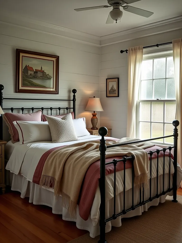 Farmhouse bedroom with shiplap walls and vintage decor
