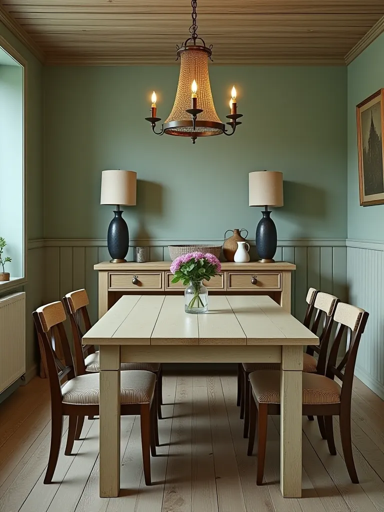 Farmhouse style dining space with distressed chalk paint finish