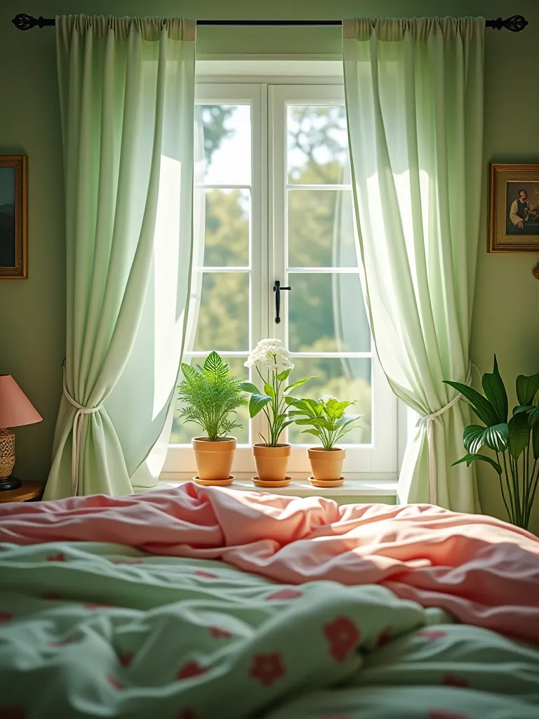 Fresh spring bedroom with pastel colors and floral accents