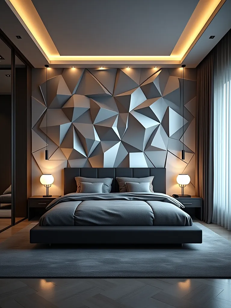 Futuristic bedroom with metallic 3D wallpaper