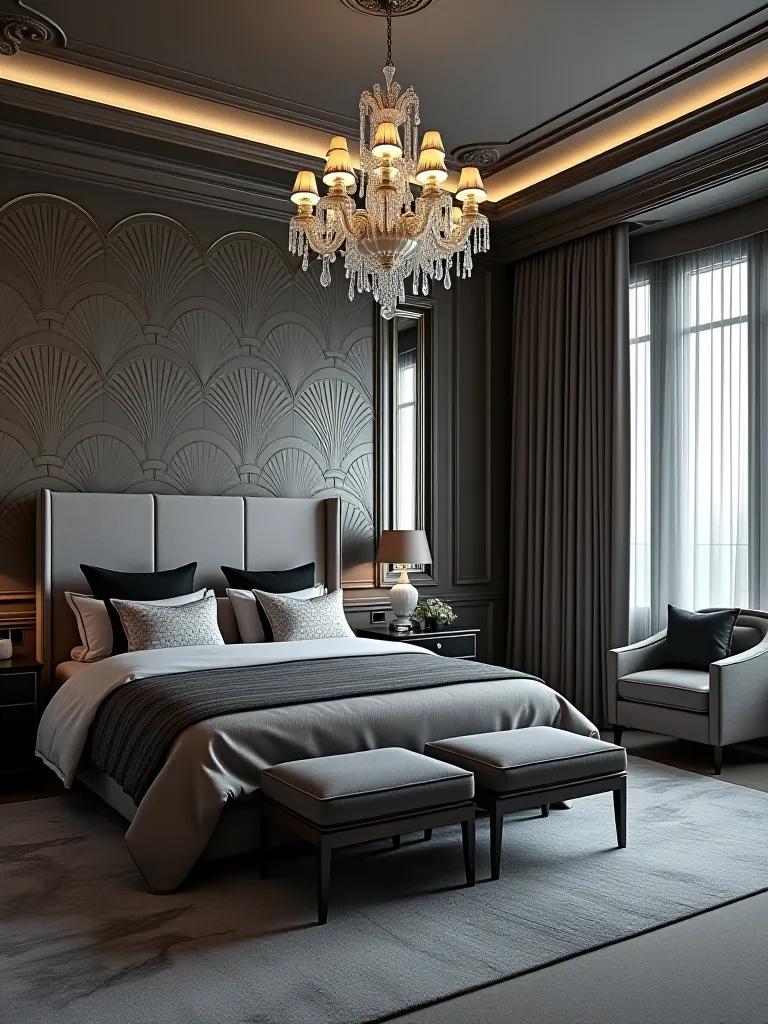 Glamorous art deco bedroom featuring metallic fan pattern wallpaper