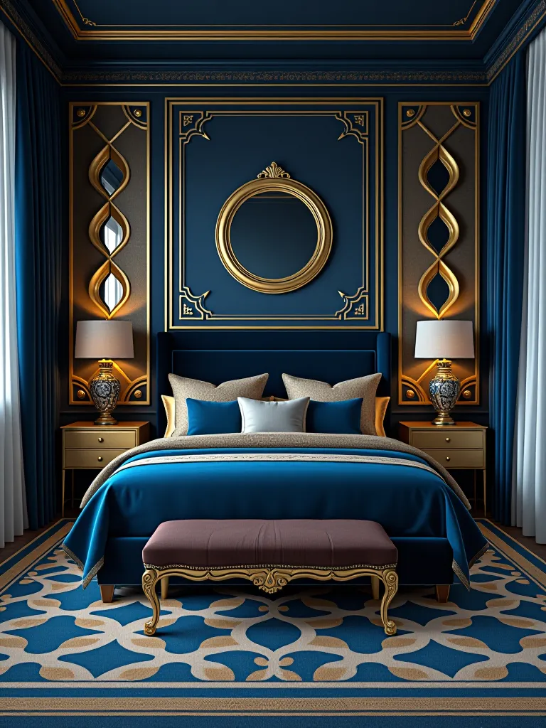 Glamorous art deco inspired bedroom with geometric wallpaper