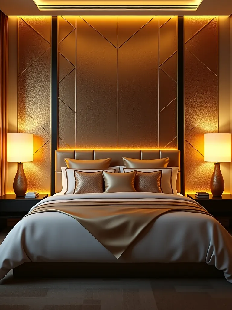 Glamorous bedroom featuring gold metallic wallpaper