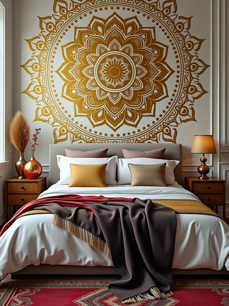 Glamorous bohemian bedroom featuring gold metallic mandala wallpaper