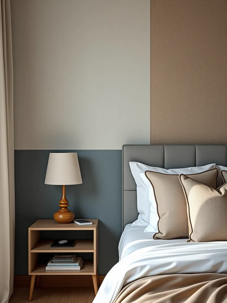 Half painted, half wallpapered bedroom accent wall