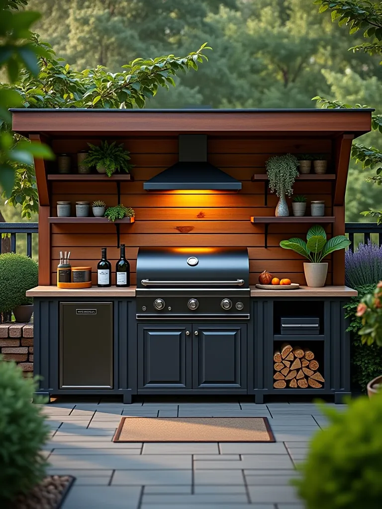 High end smoker with wood storage in outdoor kitchen