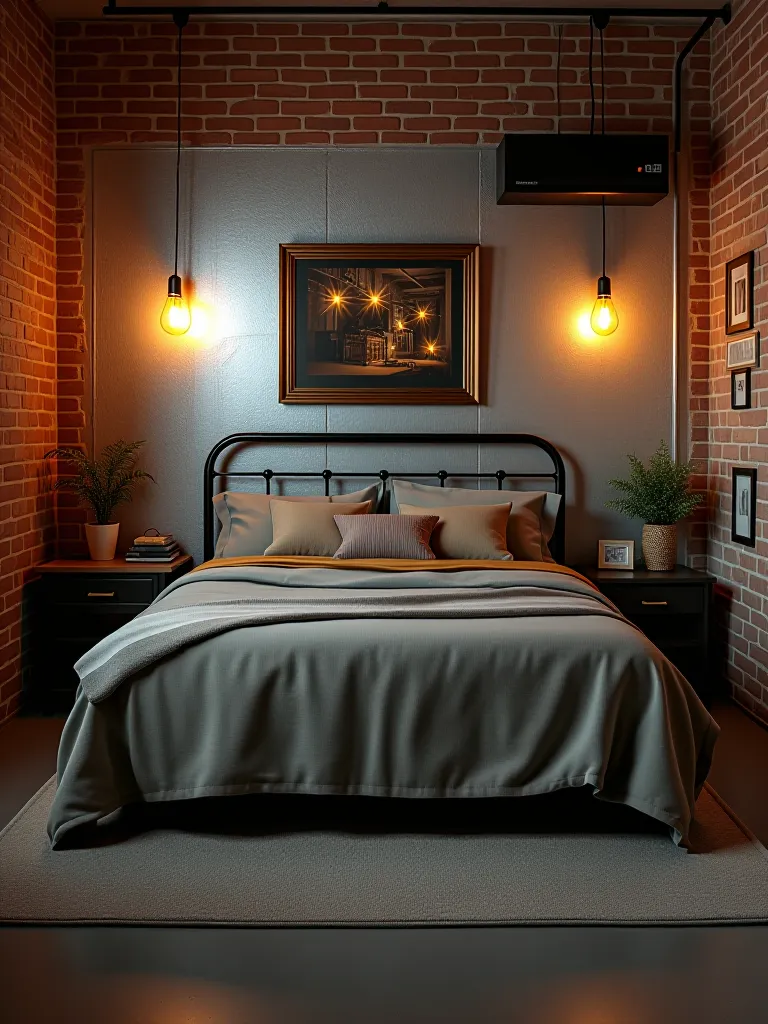 Industrial chic bedroom with metallic silver textured wallpaper