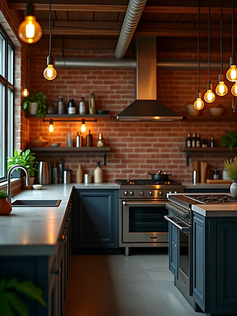 Industrial chic outdoor kitchen with brick backdrop