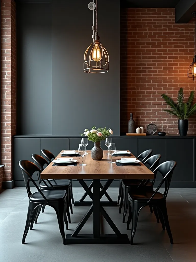 Industrial dining room with matte charcoal painted brick walls