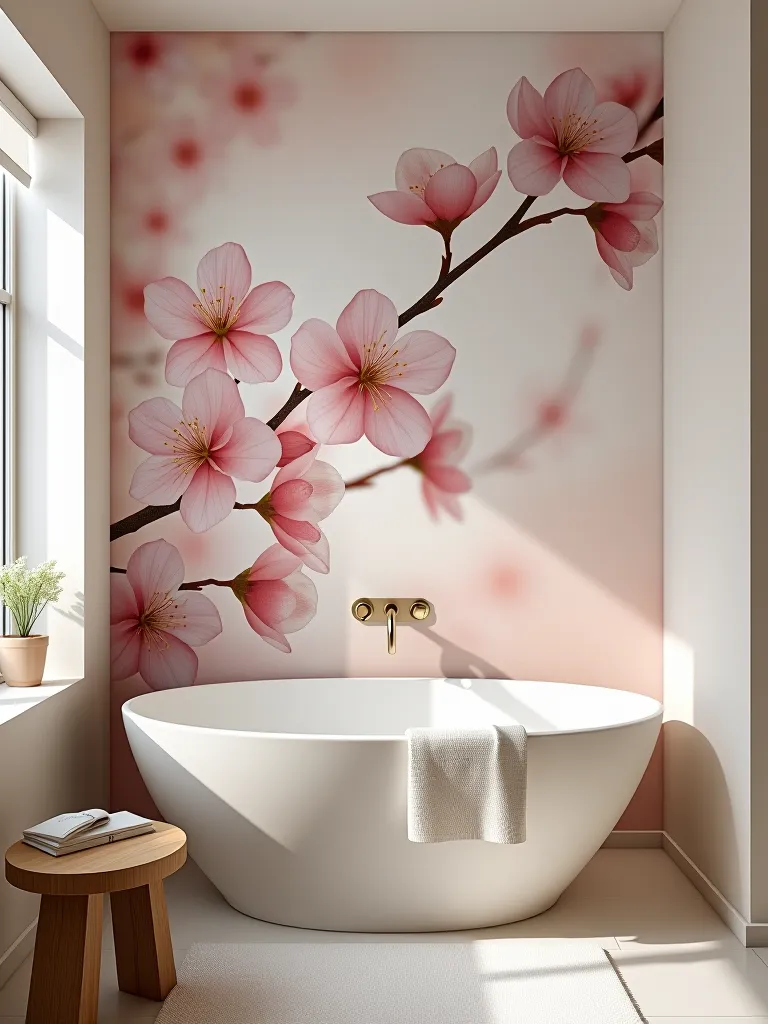 Japanese inspired removable wallpaper in minimalist bathroom