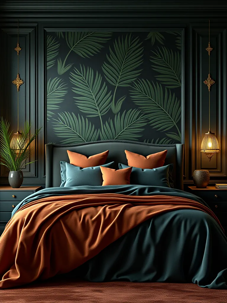 Luxurious bedroom with dark tropical leaf wallpaper