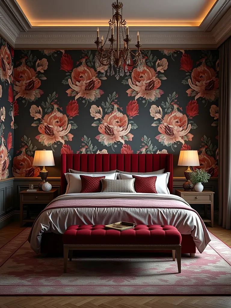 Luxurious bedroom with large scale floral wallpaper