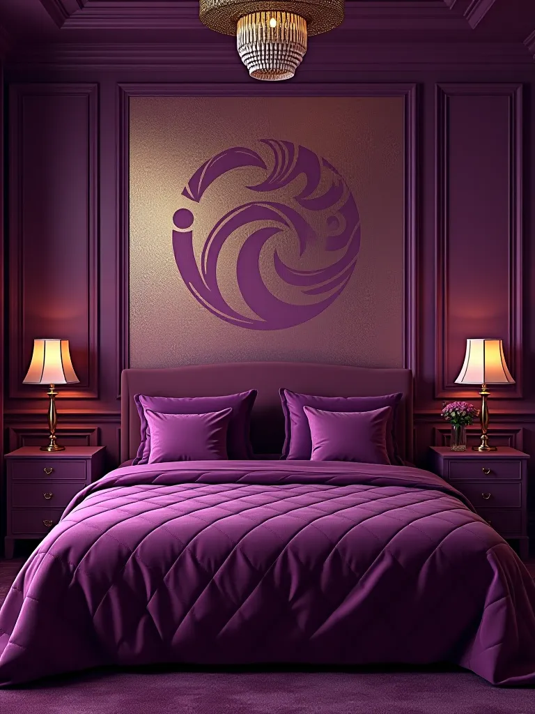 Luxurious bedroom with purple walls and gold metallic abstract wallpaper