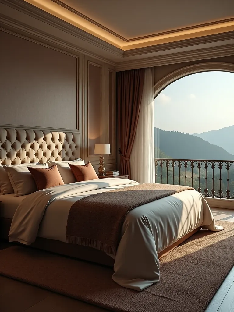 Luxurious bedroom with tufted headboard and elegant decor