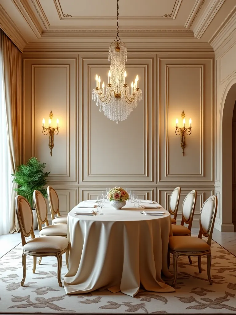 Luxurious dining room with pearl finish champagne walls and crystal chandelier