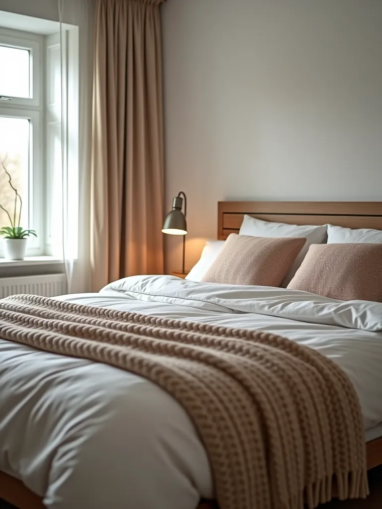 Minimalist Scandinavian bedroom with cozy textures