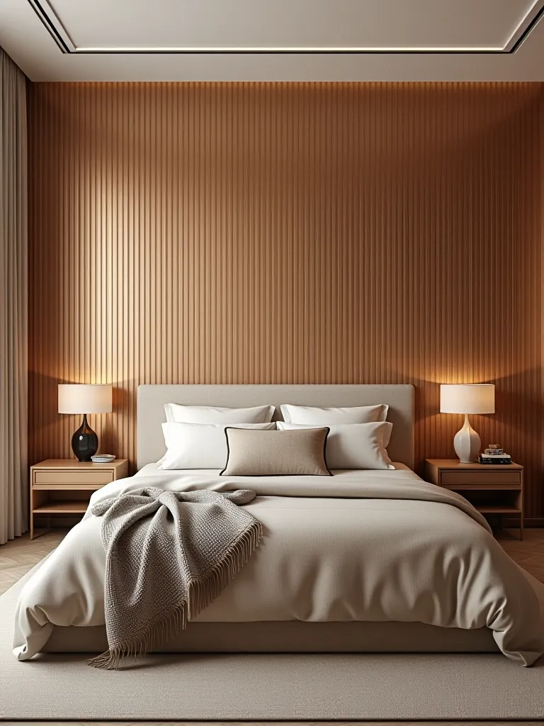 Minimalist bedroom with copper metallic striped wallpaper