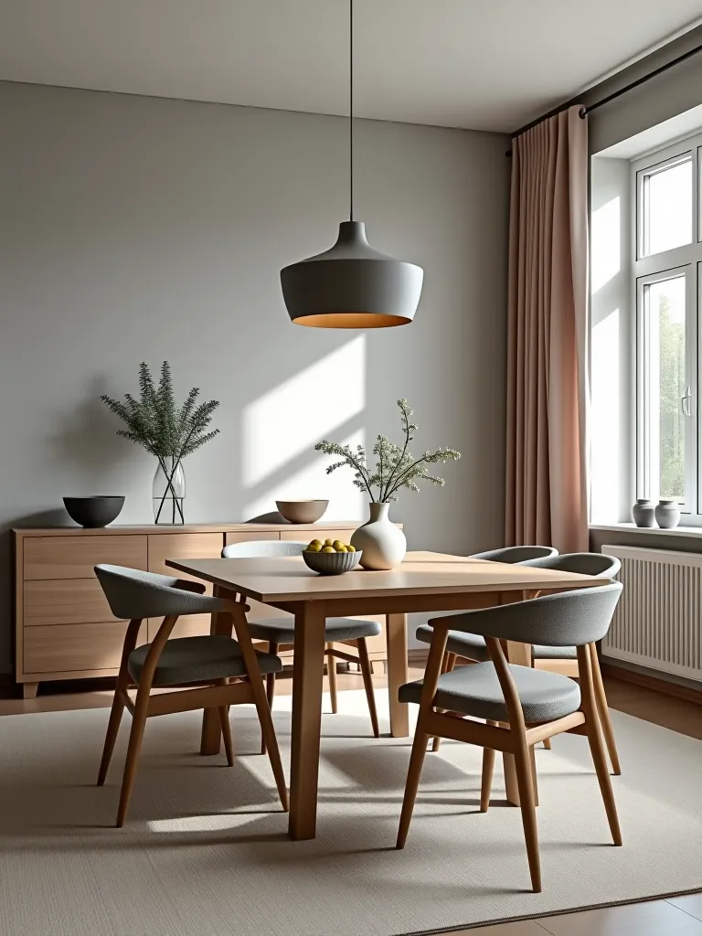 Minimalist dining area with soft grey lime washed walls
