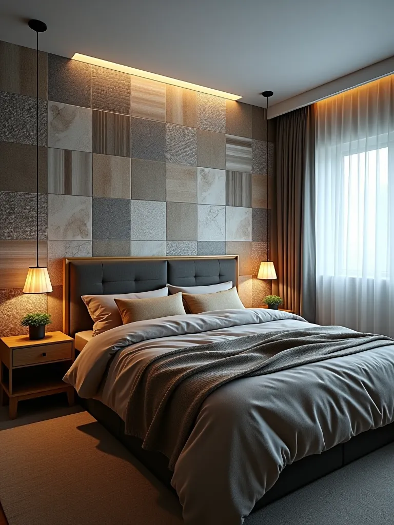 Modern bedroom feature wall with mixed pattern wallpaper tiles