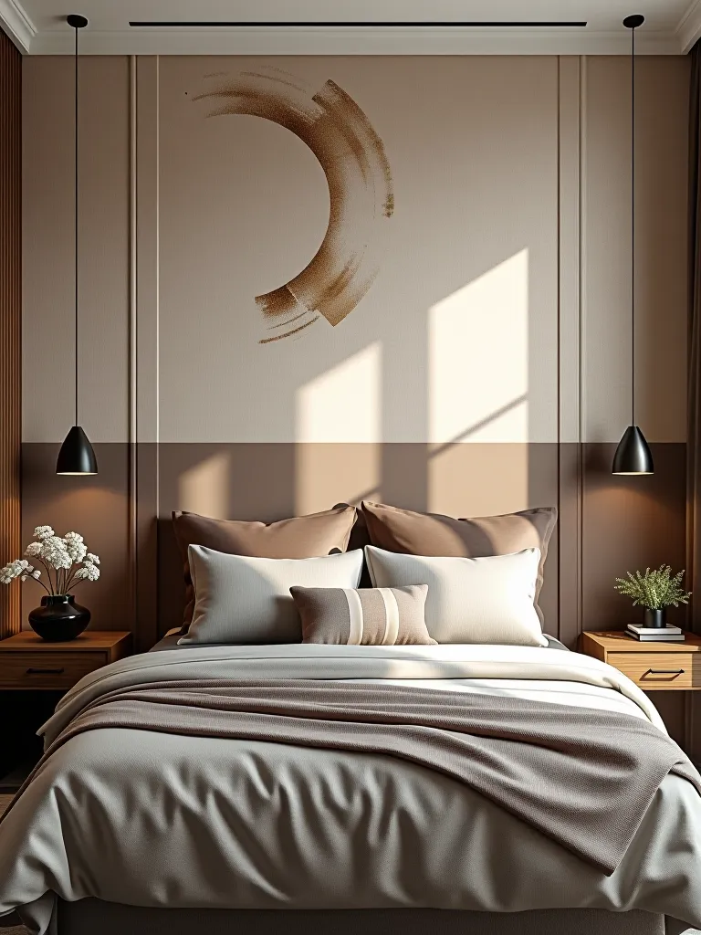 Modern bedroom wall with paint and wallpaper combination