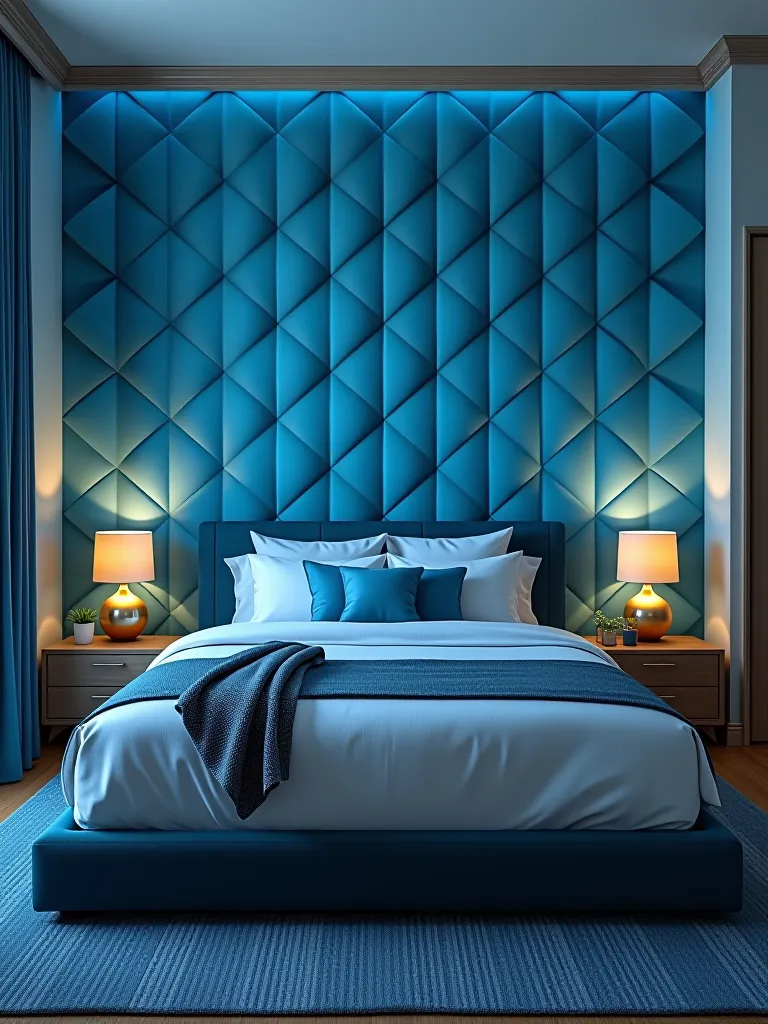 Modern bedroom with 3D geometric wallpaper feature wall