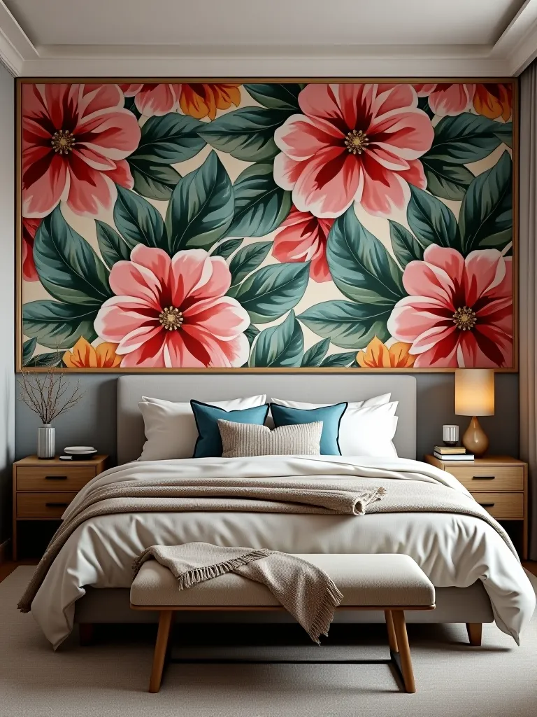 Modern bedroom with bold floral wallpaper accent wall