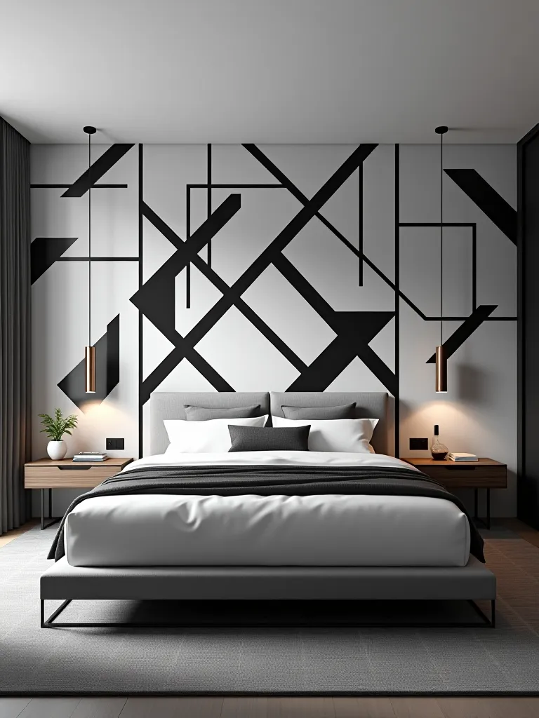 Modern bedroom with bold geometric wallpaper