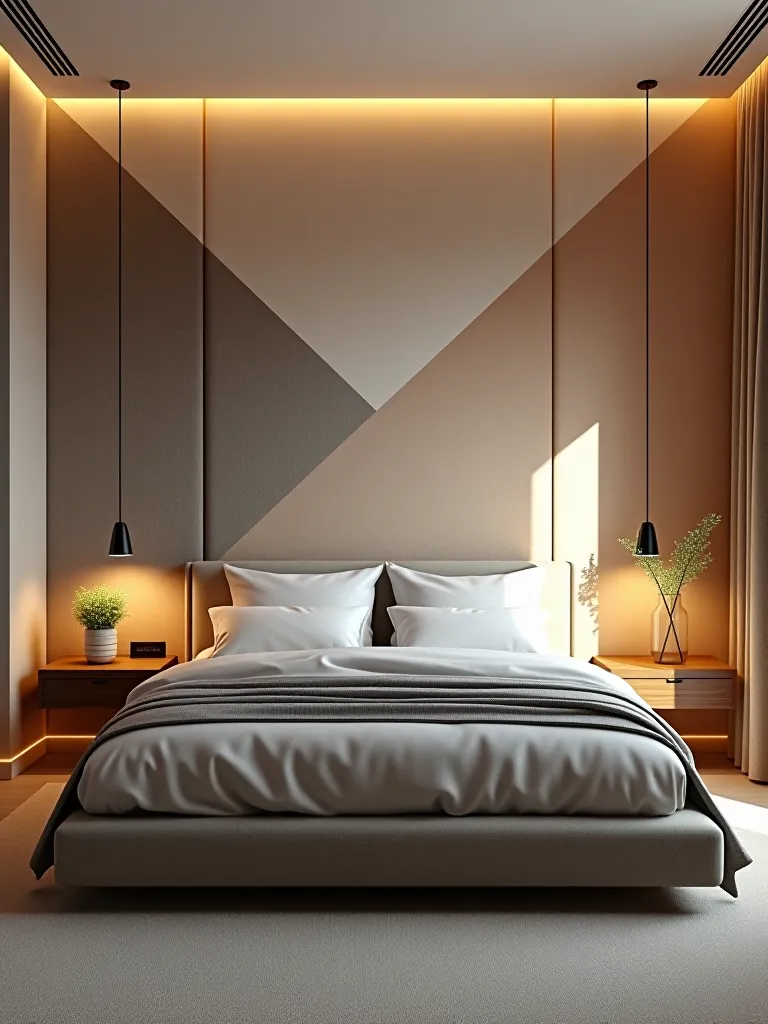 Modern bedroom with geometric wallpaper and minimalist furniture