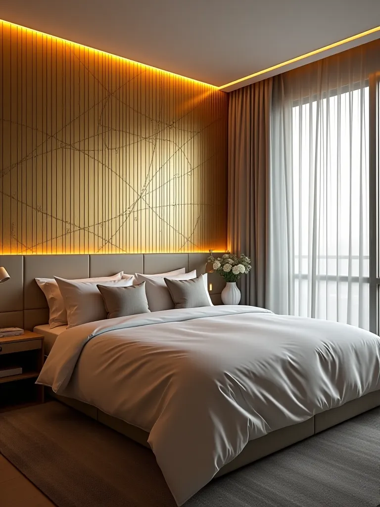 Modern bedroom with metallic gold geometric wallpaper