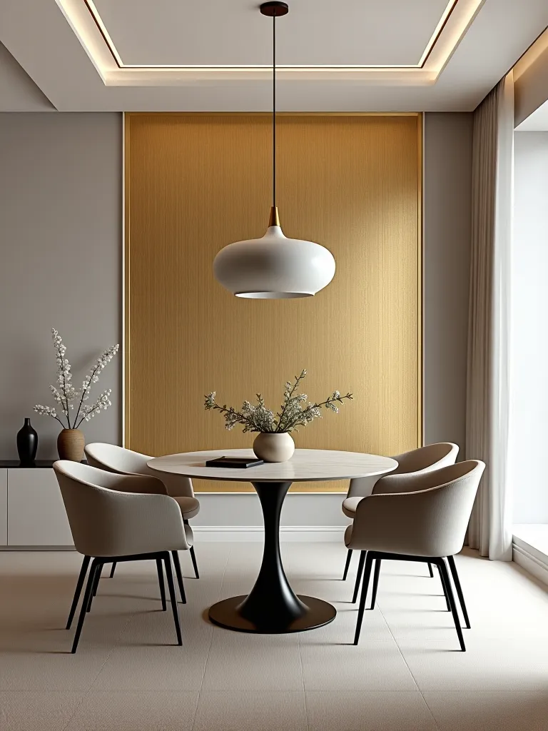 Modern dining room with metallic gold accent wall and white decor