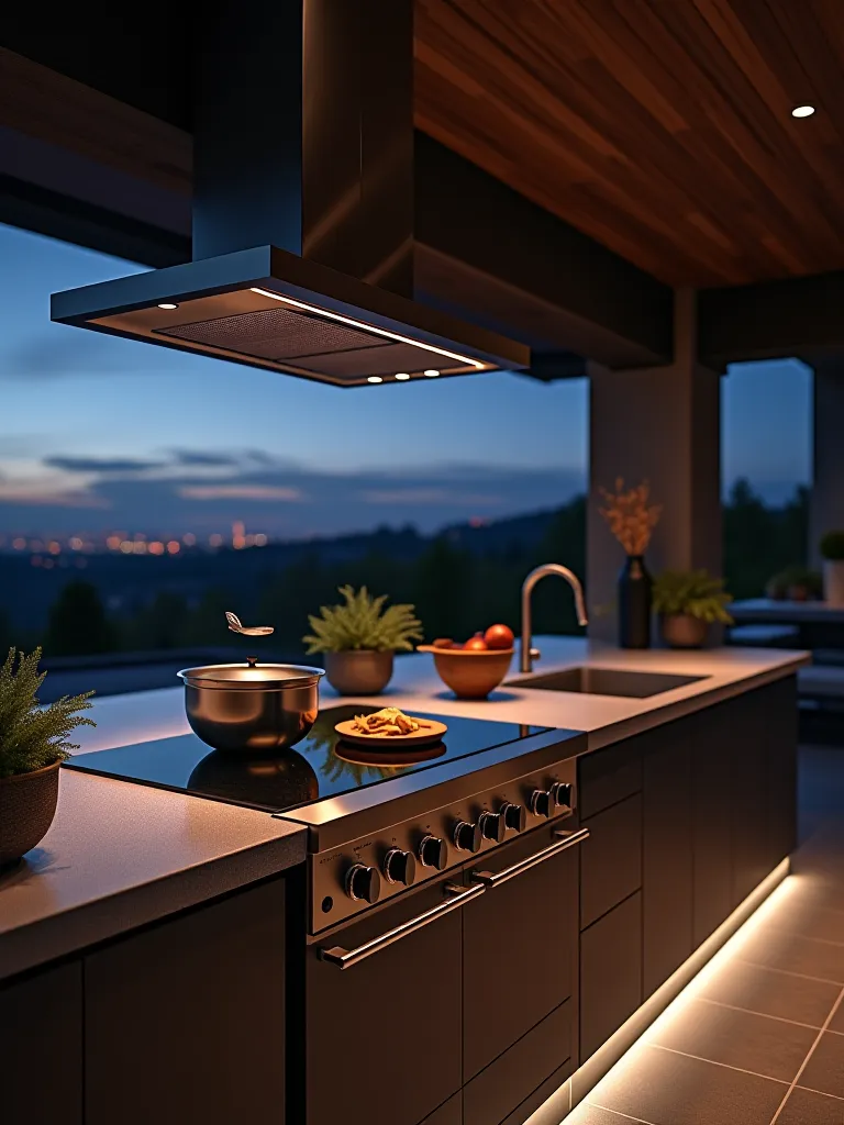 Modern outdoor kitchen with induction cooktop and city view