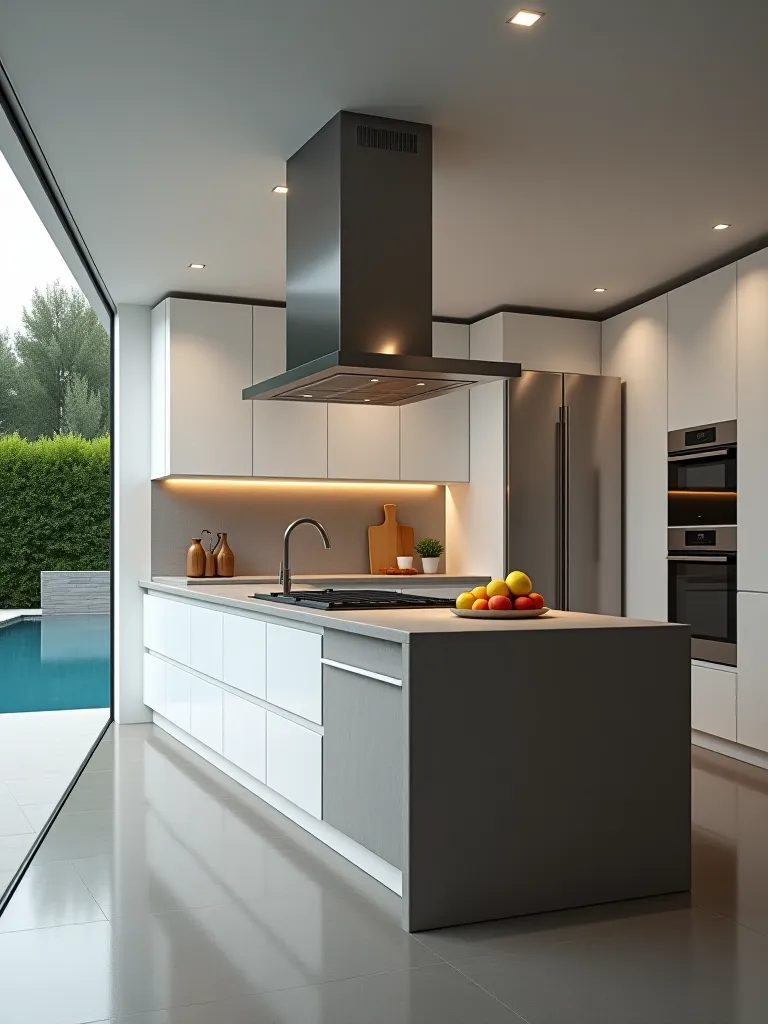 Modern outdoor kitchen with pool view