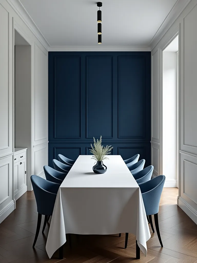 Narrow dining room with navy accent wall and white walls