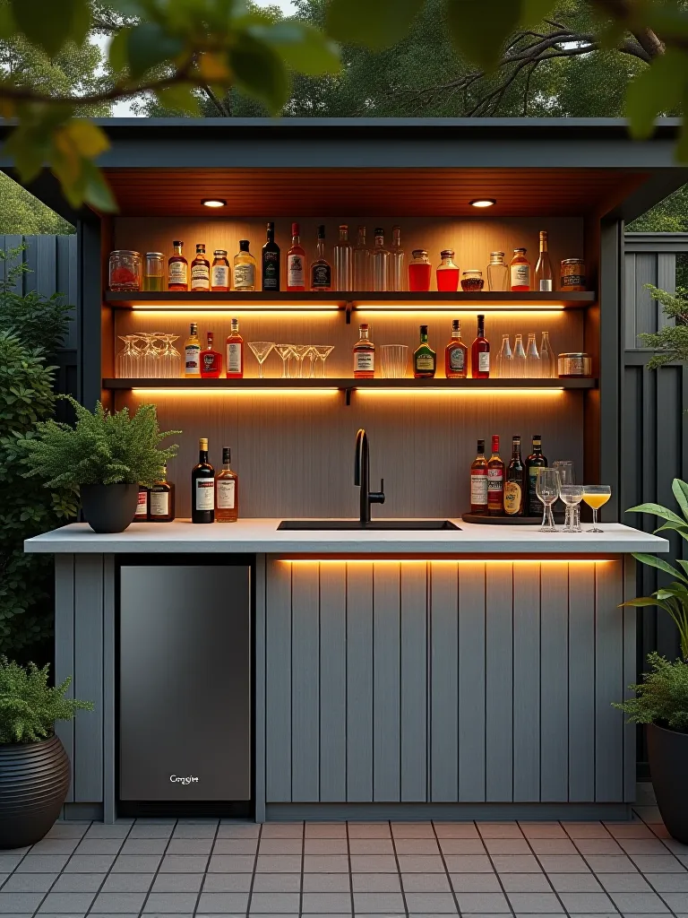Outdoor bar setup with ice maker and beverage center