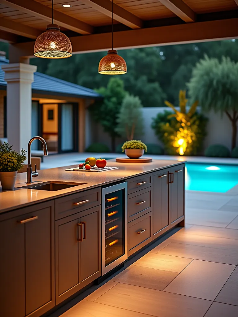 Outdoor kitchen island with built in appliances near pool