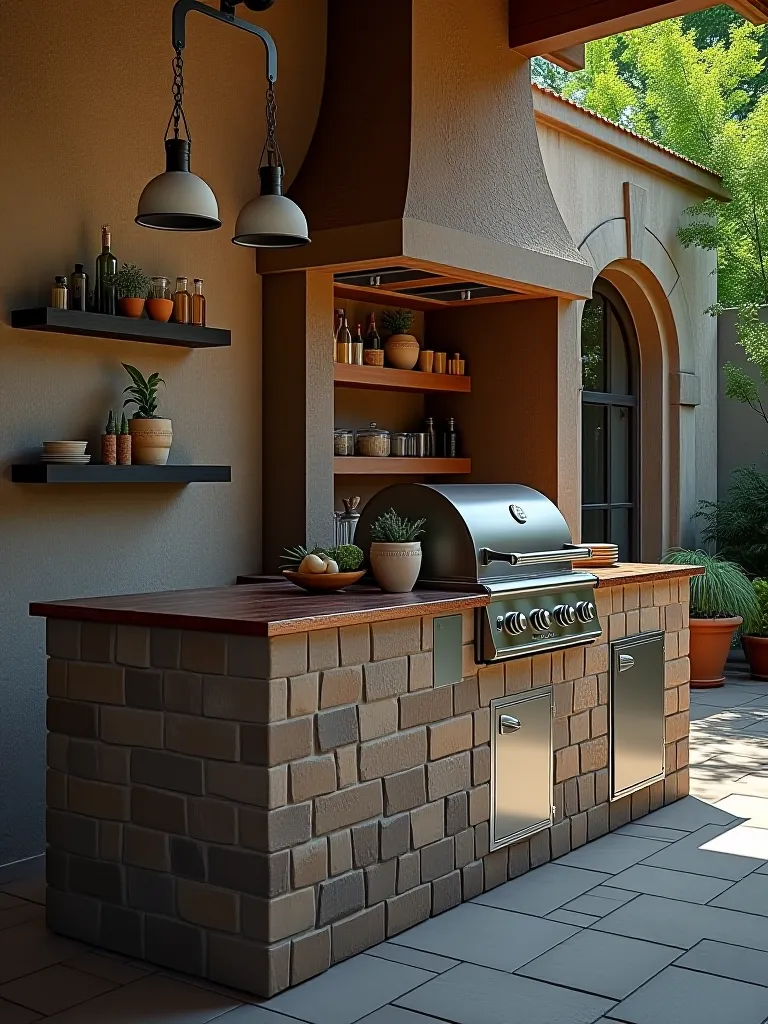 Outdoor kitchen island with protective cover for grill and pizza oven