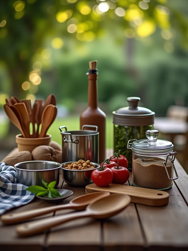 Outdoor kitchen tools on rustic table with scenic background