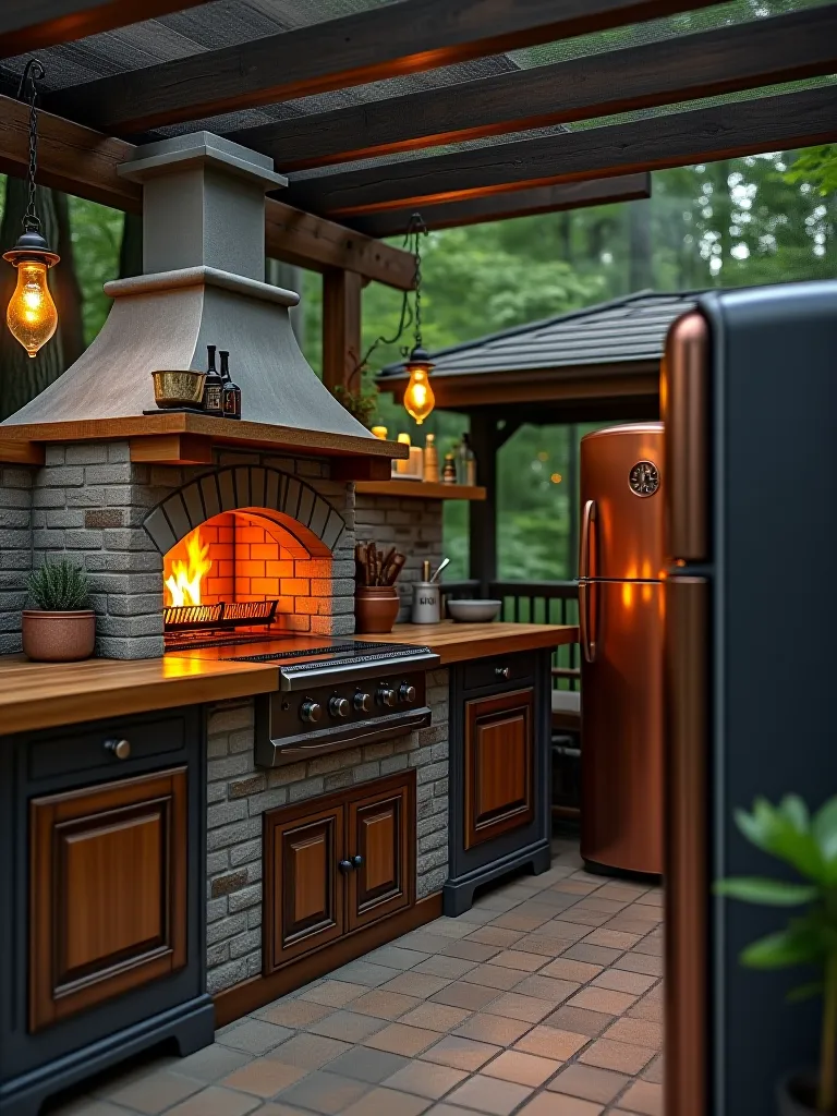 Outdoor kitchen with copper sink and vintage refrigerator