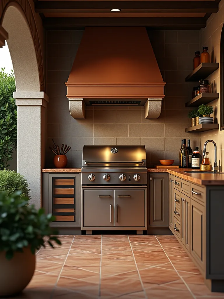 Outdoor kitchen with kamado grill and Mediterranean tiles