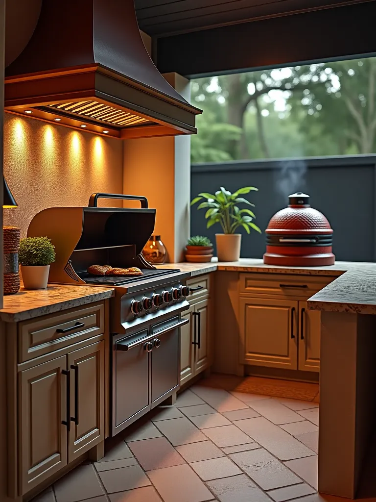 Outdoor kitchen with kamado grill and warming drawers