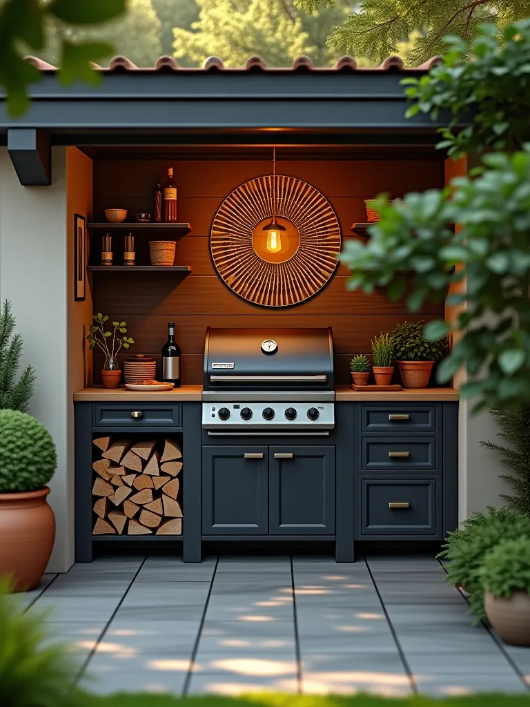 Outdoor kitchen with smoker cabinet in garden setting