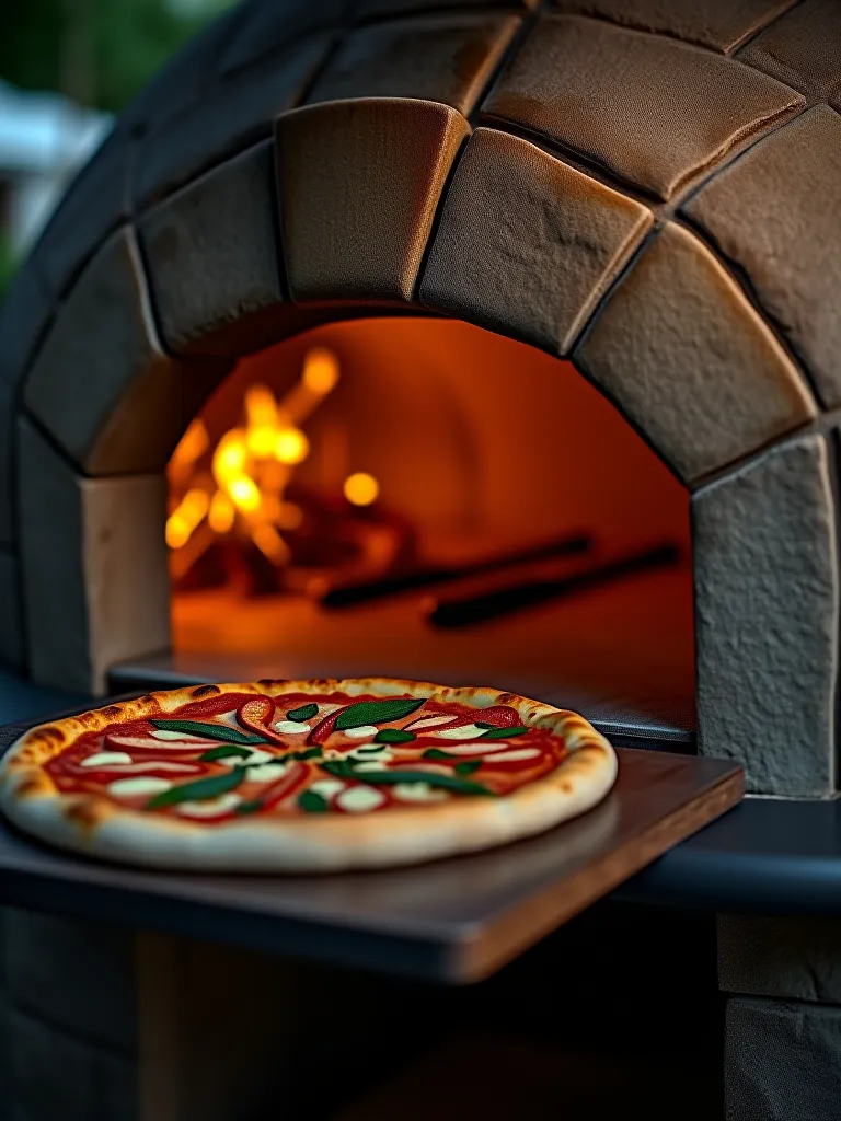 Outdoor pizza oven with warm glow and cooking utensils